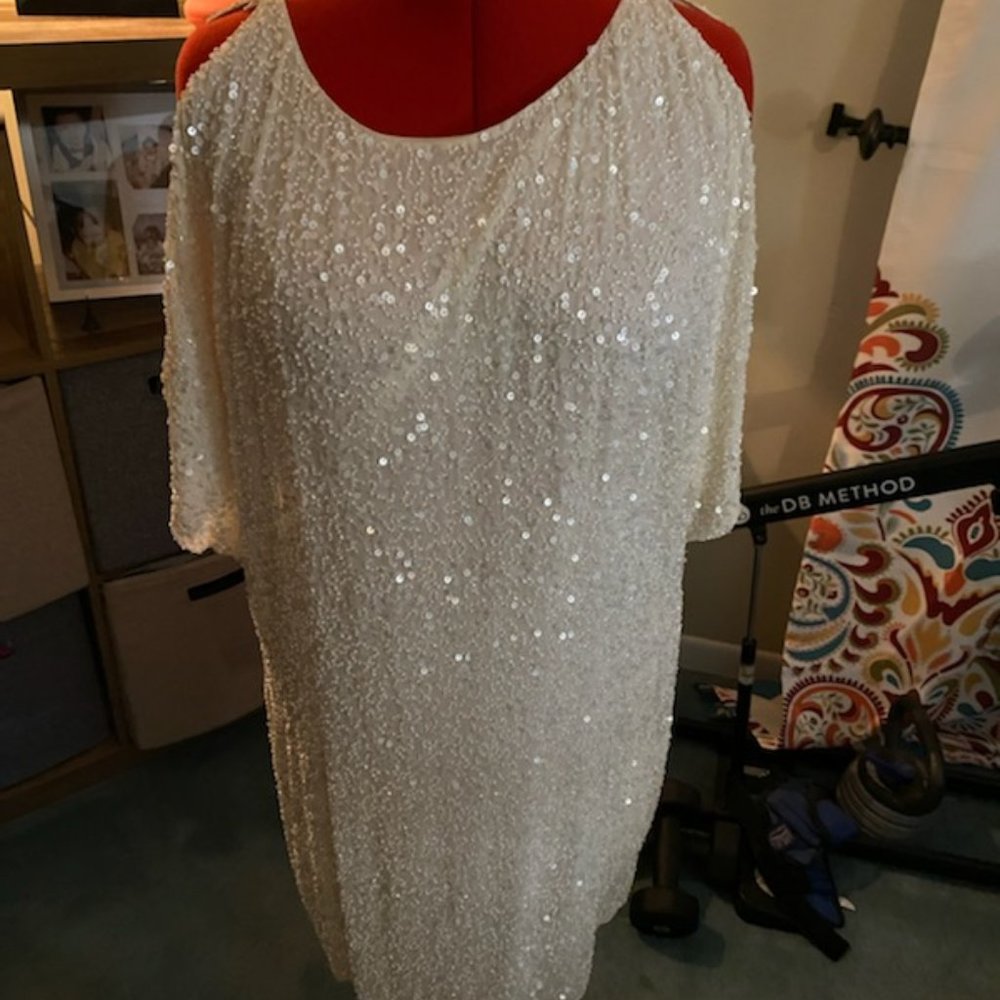 Aidan Mattox Open Sleeve Sequin Dress in Silk